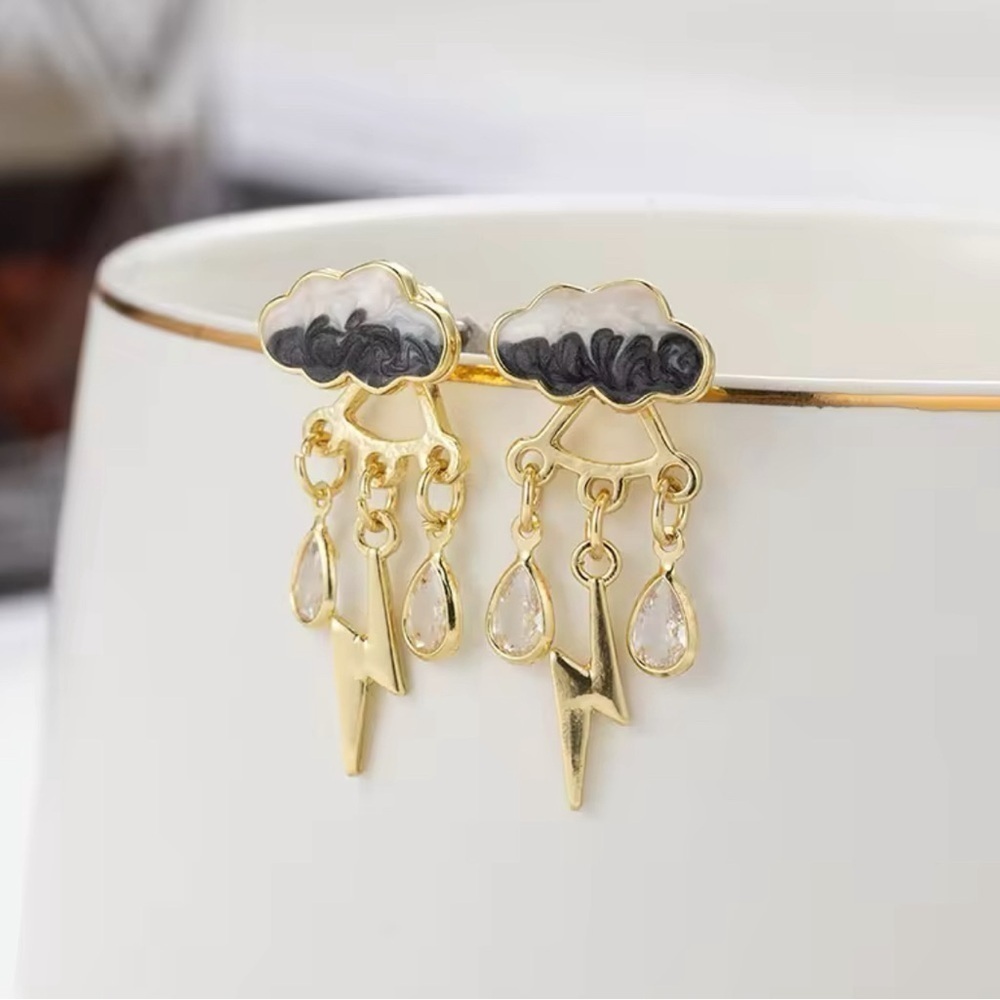 14K Gold 2 Piece Grey Rain Cloud & Lightning Bolts Gemstone Drop Earrings